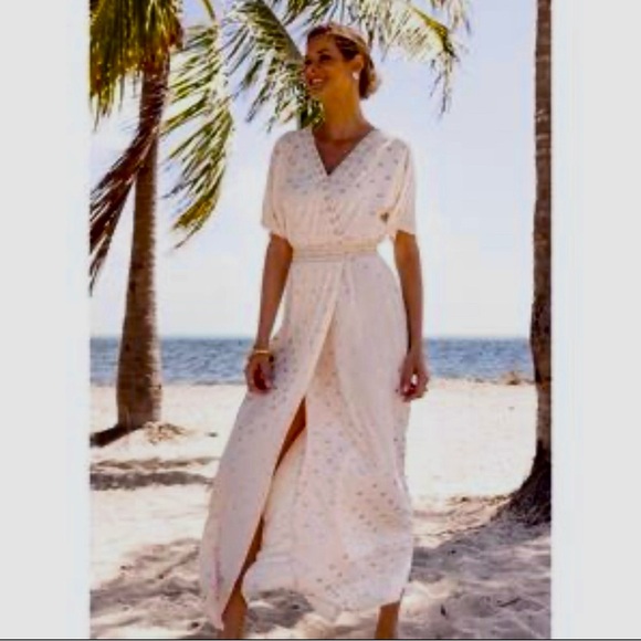 Cabana Life Ivory & Metallic Gold Embroidered Wrap Maxi Dress UPF 50+ Size L - Picture 2 of 16